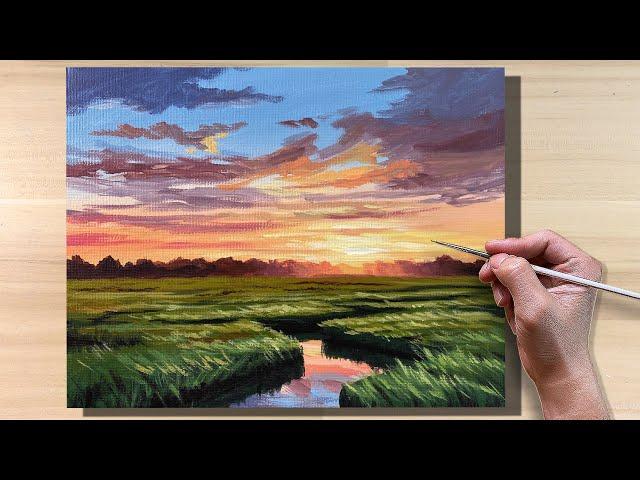 How to Paint Sunset Meadow River / Acrylic Painting / Correa Art