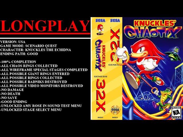 Knuckles' Chaotix [USA] (Sega Genesis 32X) - (Longplay - Scenario Quest | 100% | Good Ending Path)