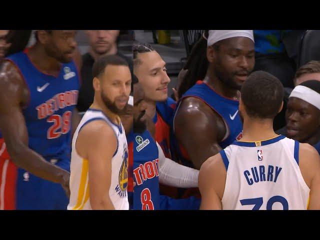 Steph Curry gets into it with Isaiah Stewart on Pistons bench and Stewart shoves Curry