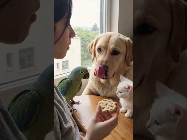 Labrador drools over cookie, cat and parrot eye it!  #funny #cute