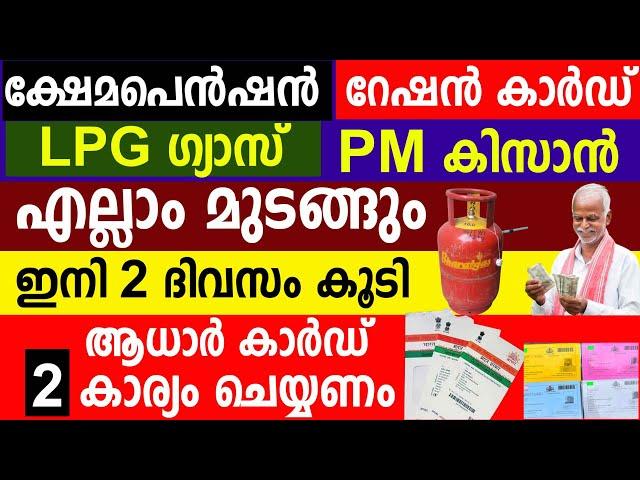 ക്ഷേമപെൻഷൻ, റേഷൻ കാർഡ് LPG ഗ്യാസ്  PM കിസാൻ എല്ലാം മുടങ്ങും ഇനി 2 ദിവസം|Adhaar card | Kshema Pension