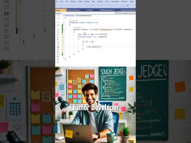 Junior vs Senior: LINQ Level Unlocked! #CSharp #DotNet #LINQ #SeniorDev #JuniorVsSenior ️ #code