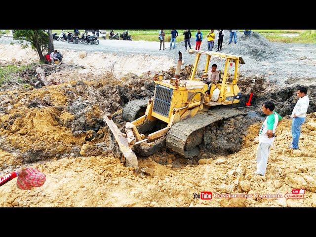 The Powerful strong Komatsu bulldozer recovery from deep mud & dump truck fill soil making road #1