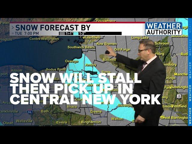 Snowfall slows down in central New York before picking up again.