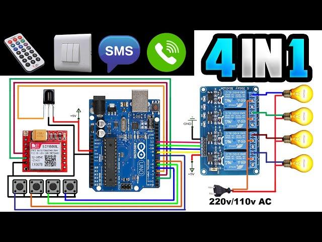 SiM800L Relay Control With Arduino IR Remote and Push Buttons | GSM Based Home Automation