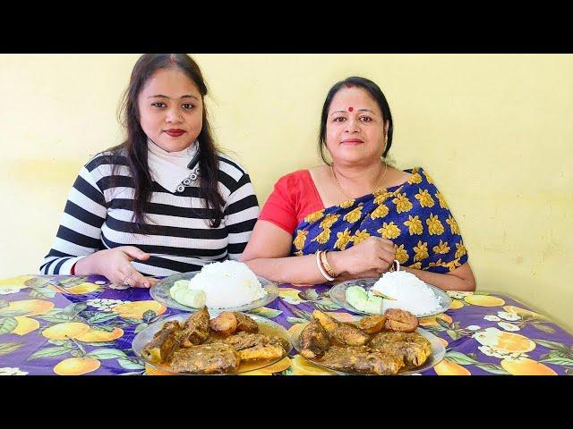 Pomfret fish curry with Basmati rice and salad eating challenge || Bengali thali eating challenge