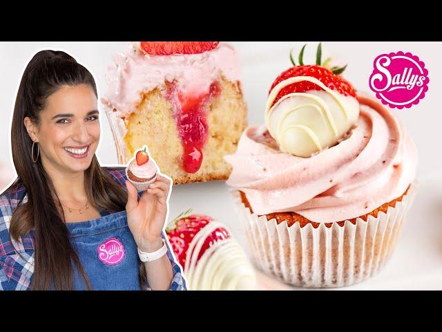 Erdbeer Cupcakes - einfaches Rezept mit fruchtiger Füllung (3 versch. Dekoration) 