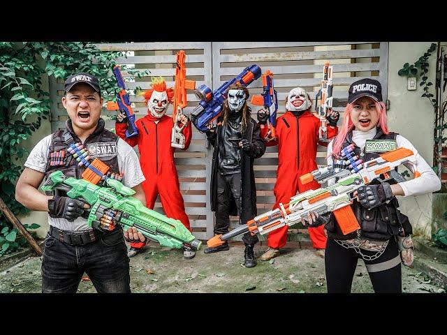 [ 1 Hour Nerf War ] COUPLE Warriors Black Man Nerf Guns Fight Crime RED SATAN Mask