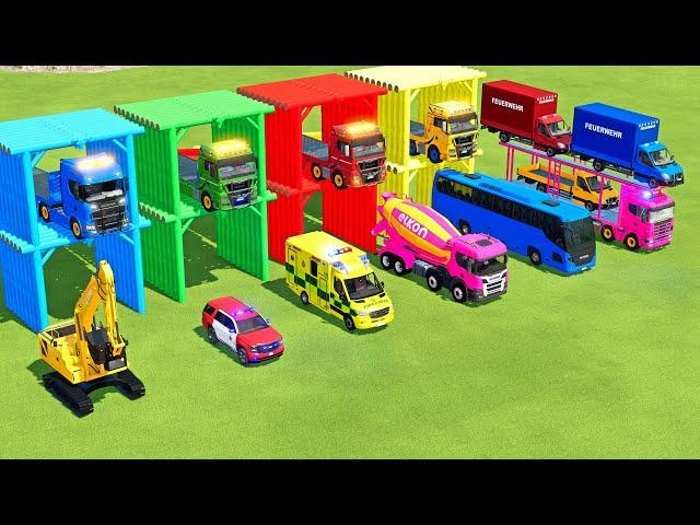 TRANSPORTING EXCAVATOR, DUMP TRUCK, BULLDOZER, POLICE CARS TO GARAGE WITH MAN TRUCK - FS22