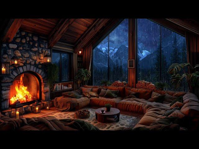 Mountain Cabin Thunderstorm - Cozy Fireplace Ambience