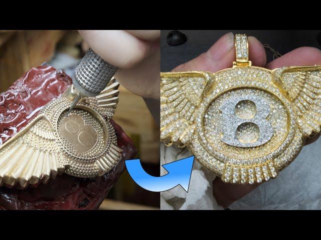 process of making iced out bentley pendant / diamond pave setting /