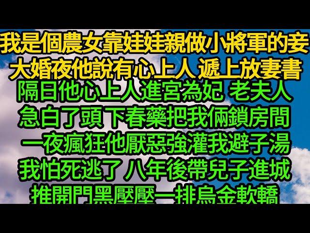 我是個農女靠娃娃親做小將軍的妾 大婚夜他說有心上人遞上放妻書，隔日心上人進宮為妃 老夫人急白了頭，下春藥把我倆鎖進房間 一夜瘋狂他厭惡強灌我避子湯，我怕死逃了八年後帶兒子進城，推開門黑壓壓一排烏金軟轎