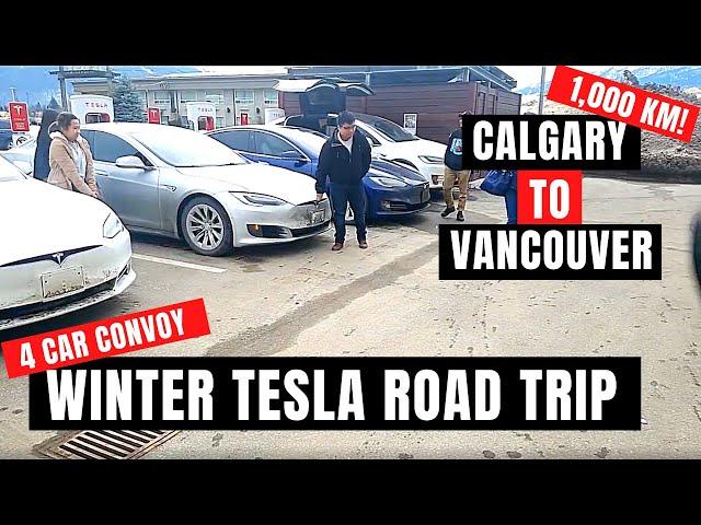 WINTER TESLA ROAD TRIP: FOUR Tesla Convoy over the Canadian Rockies (1000km Calgary to Vancouver)