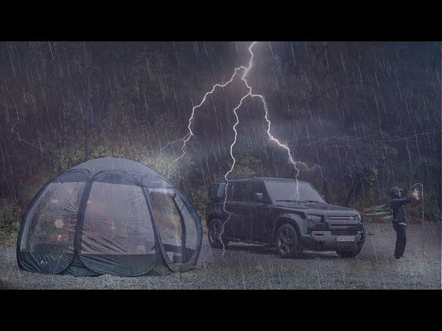 Solo Camping in Rain | Relaxing in the Hot Tent | Korean Cooking | Defender Car Camping | Rain ASMR