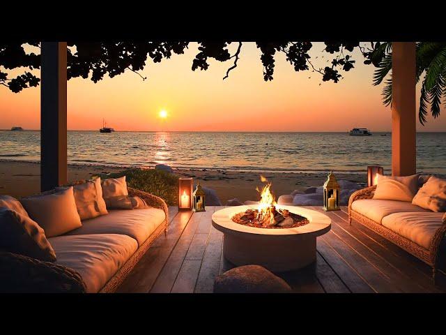 Peaceful Resort Ambience Overlooking The Sea | Water, Crackling Fire, Crickets, Wave Sounds