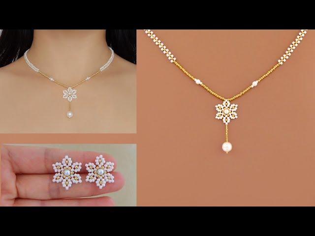 Beaded Flower Necklace & Beaded Flower Earring Studs. How to Make Beaded Jewelry. Beading Tutorial