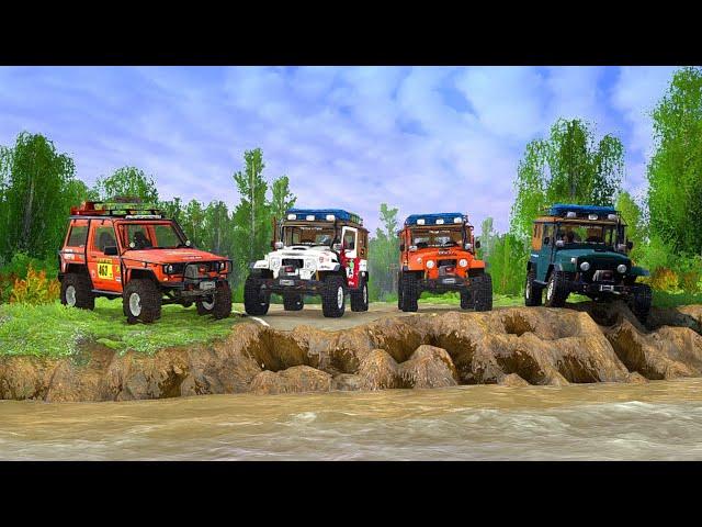 Crazy River Crossing! Jeep 4 swims on collapsed bridge - Spintires Mudrunner