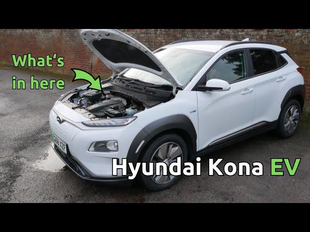 A look underneath and under the bonnet on a 2019 Hyundai Kona Electric 64kWh