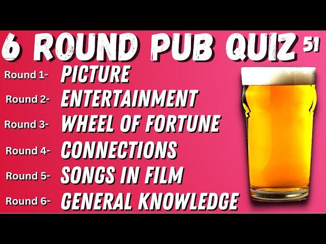 Virtual Pub Quiz 6 Rounds: Picture, Entertainment, Wheel of Fortune, Music & General Knowledge No.51