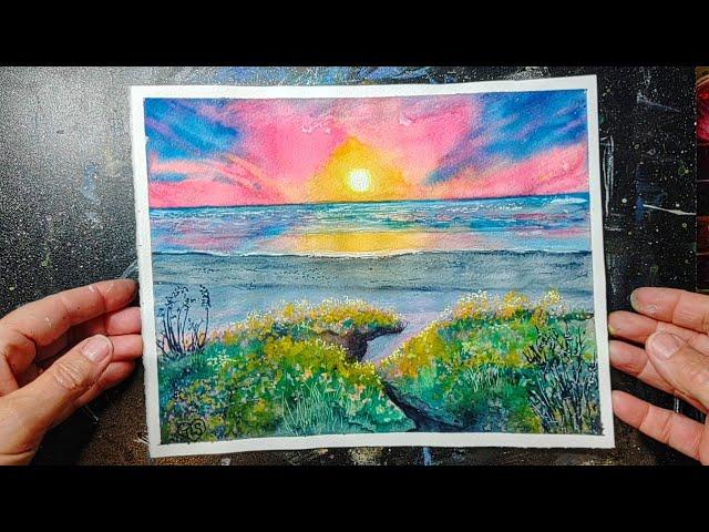 Art Time, Watercolor and Gouache Beach Sunset Painting, Using watercolor and Gouache together
