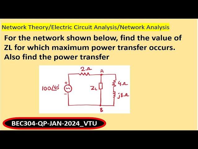 Find the value of ZL for which maximum power transfer occurs. Also find the power transfer