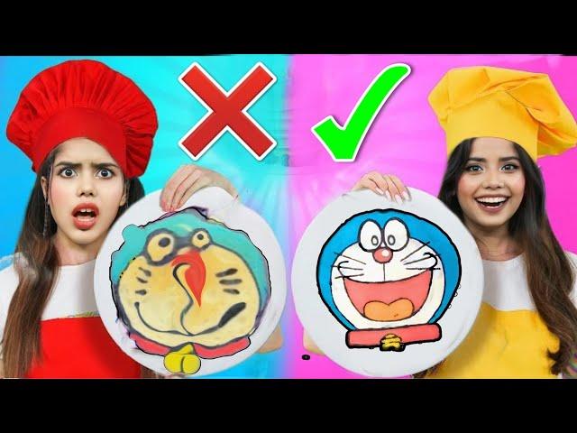 Pancake Art Challenge Who Draws it better  Doraemon / Unicorn / Pizza Pancakes 