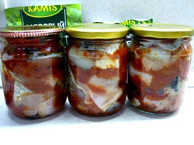 Homemade canned fish in tomato for long-term storage at home. Video recipe