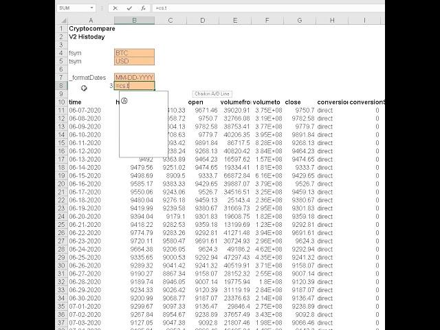 Using =CS.TIME to automatically refresh any Cryptocompare API Endpoint in Excel or Googlesheets