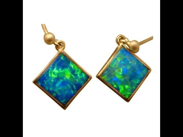 Opal Earrings for Women Green Blue Diamond Shape Stones 14k Yellow Gold | FlashOpal