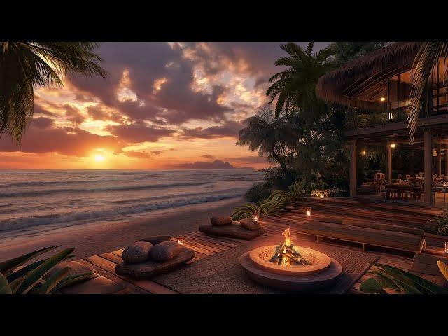 Sunset TranquilitySoothing Fire Pit, Ocean Waves Sound At Dusk To Relax/Sleep/Rest