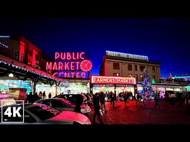 Christmas at Pike Place Market & Downtown Seattle Waterfront at Night | 4K Seattle Walking Tour