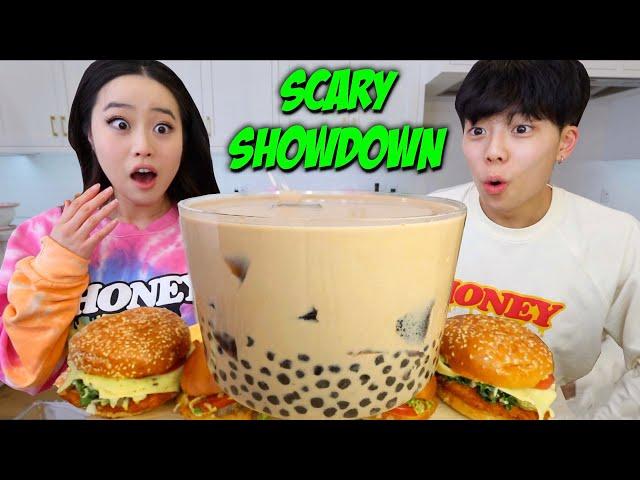 Giant BOBA MILK TEA + GRASS JELLY & FRIED CHICKEN SANDWICHES MUKBANG