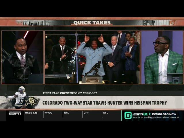 FIRST TAKE | Stephen A. and Shannon react to Colorado two-way star Travis Hunter wins Heisman Trophy