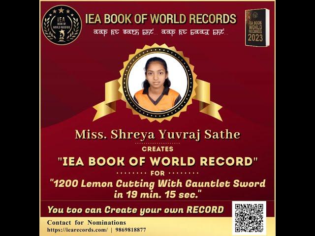 World Record | Fastest 1200 Lemon Cutting with Gauntlet Sword | Shreya Sathe | Mumbai | IEA Book