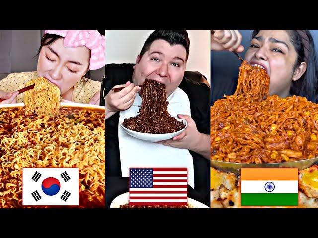 KOREAN VS AMERICAN VS INDIAN! EATING TONS OF NOODLES MUKBANG!