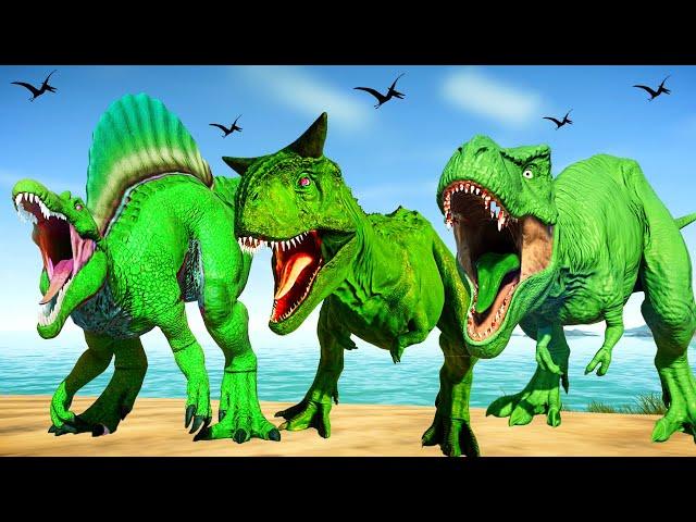 Green Dinosaurs Fighting in Jurassic World Evolution - T-Rex vs Spinosaurus vs Carnotaurus