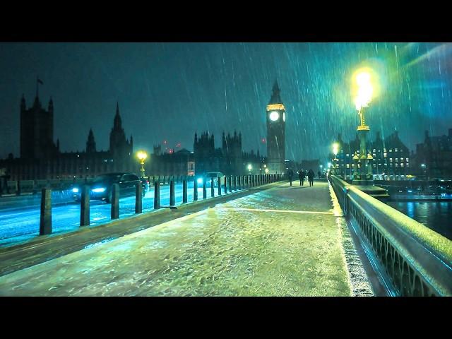 London’s FIRST Snow of 2025 ️ London Snow & Slush Midnight Walk, South Bank to West End  4K HDR