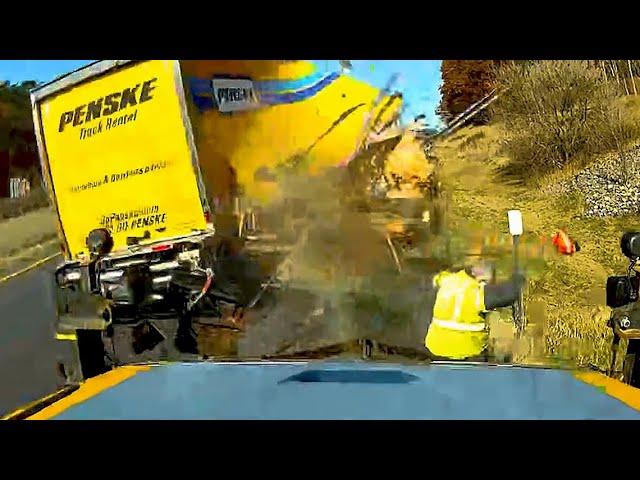 VIDEO: New York truck driver nearly hits road worker before crashing into his equipment