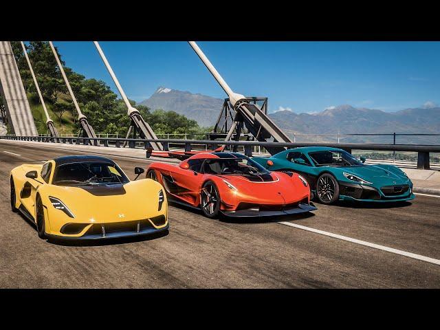 Forza Horizon 5 Drag race: Hennessey Venom F5 vs Rimac C2 vs Koenigsegg Jesko