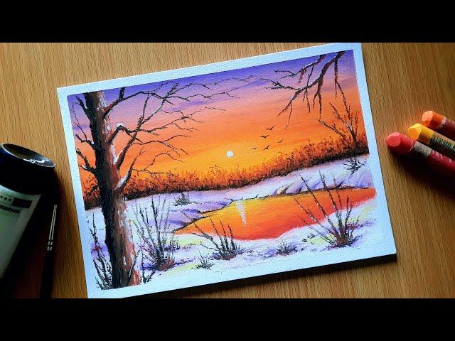 Oil Pastel Nature Scenery Drawing for Beginners / WINTER LAKE / Oil Pastel Sunset Landscape Drawing