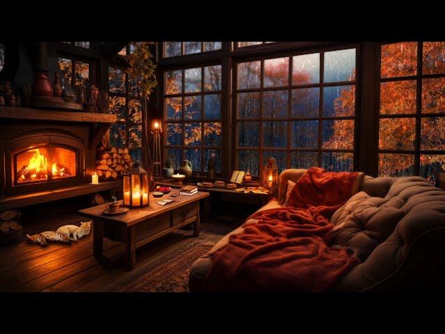 Rainy Autumn Day with Crackling Fireplace in a Cozy Hut Ambience - Relax, Sleep or Study