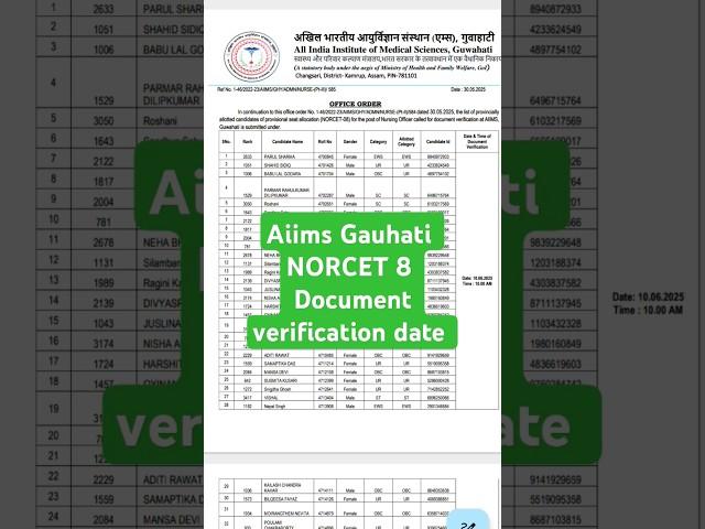 NORCET 8 AIIMS GAUHATI DOCUMENT VERIFICATION DATE DECLARED#shortvideo