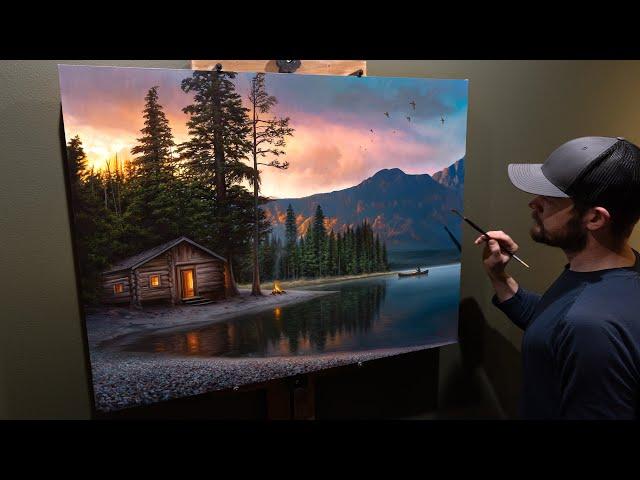 Landscape Oil Painting "Lakeside Heaven" - Cabin at Sunrise