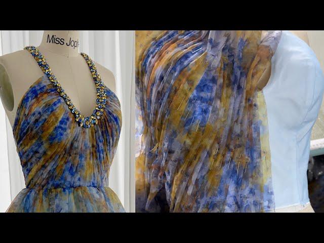 Making a mini floral organza dress, sewing a halter crystals mini formal gown