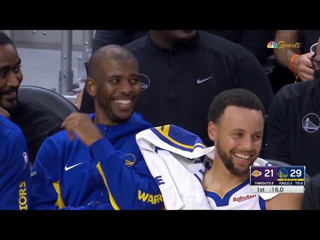 Steph Curry and Chris Paul can’t stop laughing after Kuminga passed to Steph on the bench 