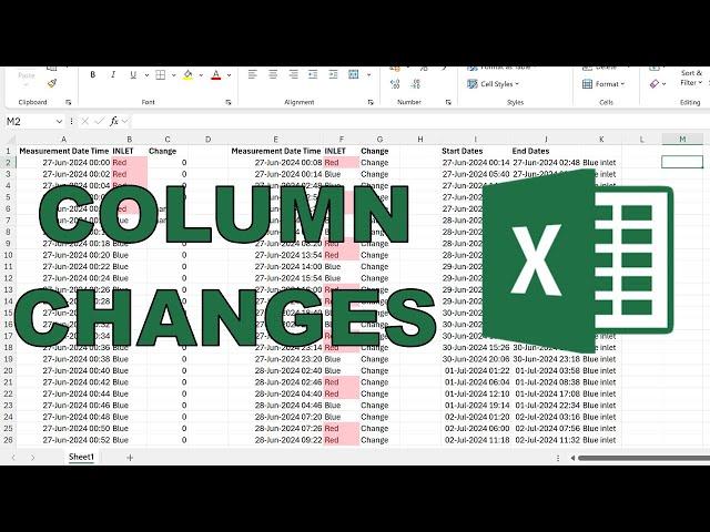 Find when a value in a column changes in excel