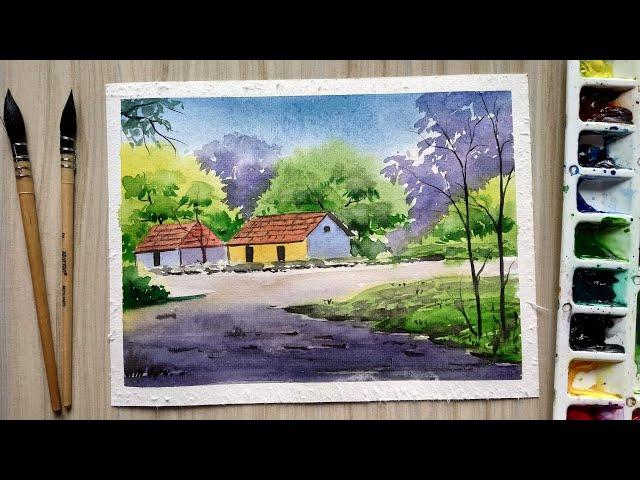 Watercolor village landscape painting tutorial for Beginners | Paint with David