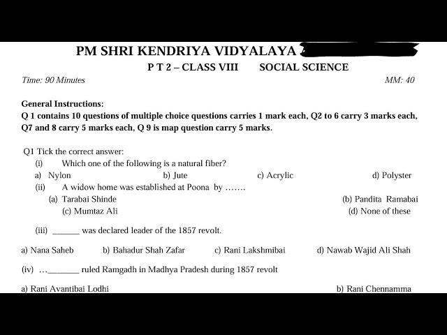 CLASS-8 Social Science (SST)/ PT-2 Exam Qestion Paper / KV CBSE / Periodic Test-2 Kendriya Vidyalaya