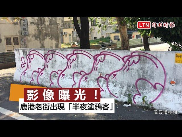 影像曝光！鹿港老街出現「半夜塗鴉客」畫幅「神秘狗」只要3分鐘(詹政道、鹿港鎮公所提供)