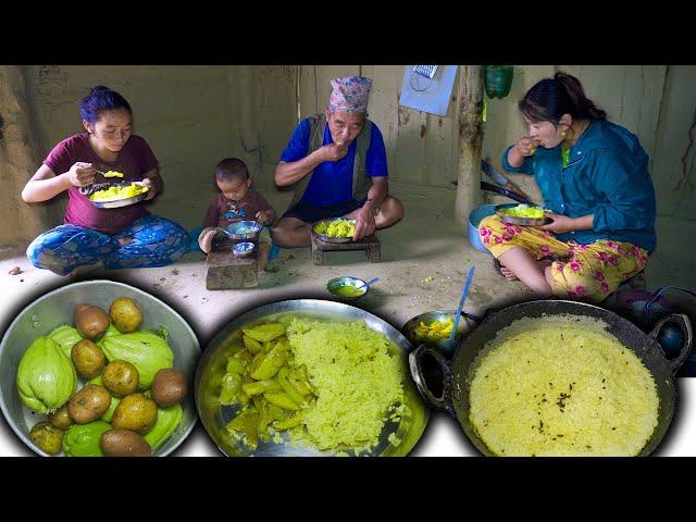 Squash & Potato mix Fry Recipe with CHAMRE Cooking & eating in Village || New Nepali Village Vlog